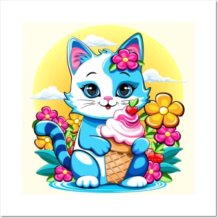 Kitty Cat Cute and happy Summer Cartoon Character with ice cream flowers and Strawberries Posters and Art